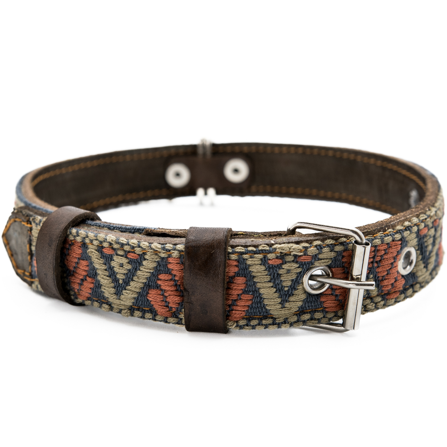 Full view of a Bronze Olive leather dog collar displaying detailed artisan design and vibrant color.