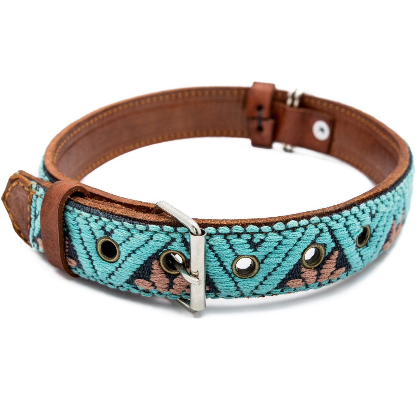Full view of a teal leather dog collar displayed on a white background, accentuating its vibrant color.