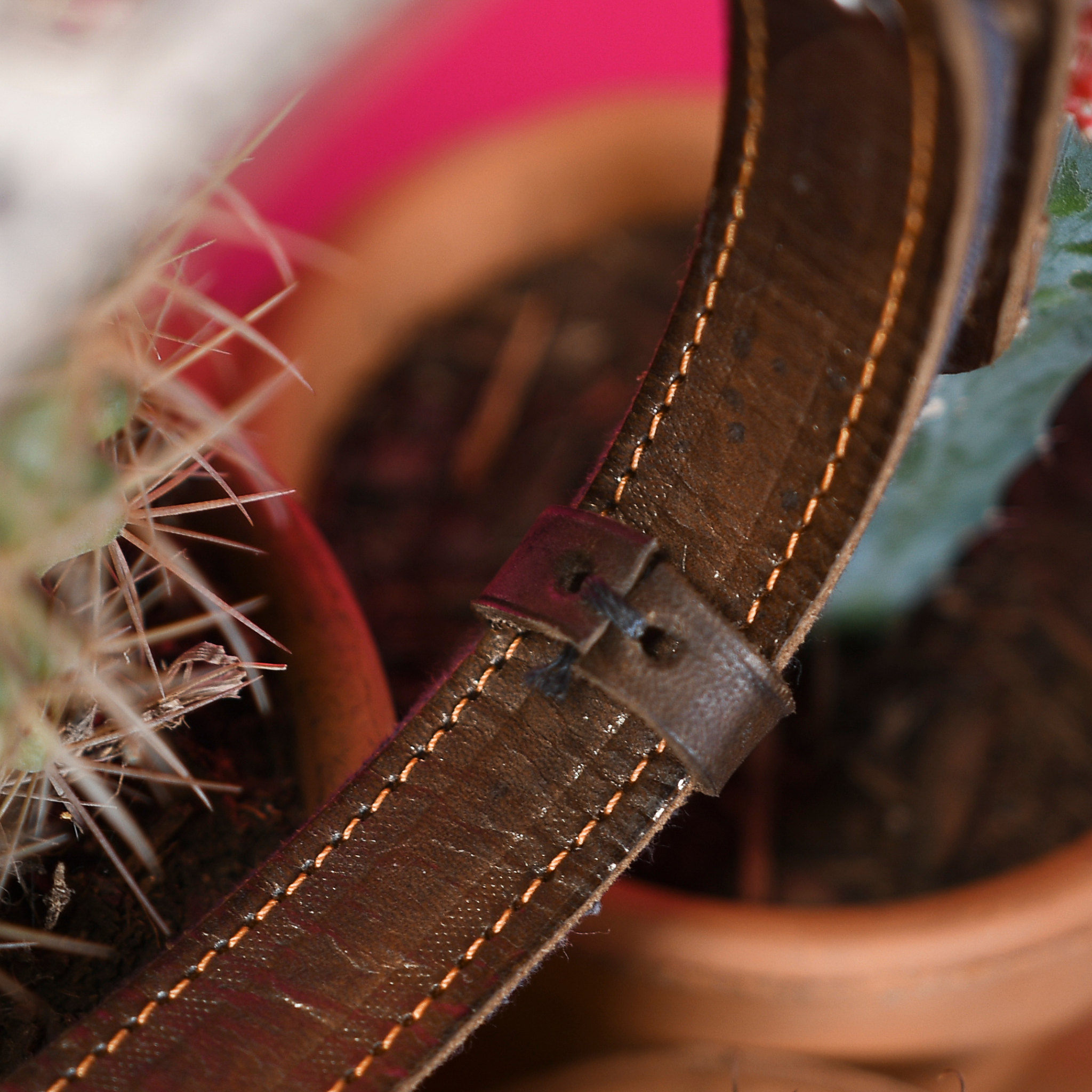 Interior view of a leather loop on a Ceramic Cello dog collar, showcasing fine craftsmanship.