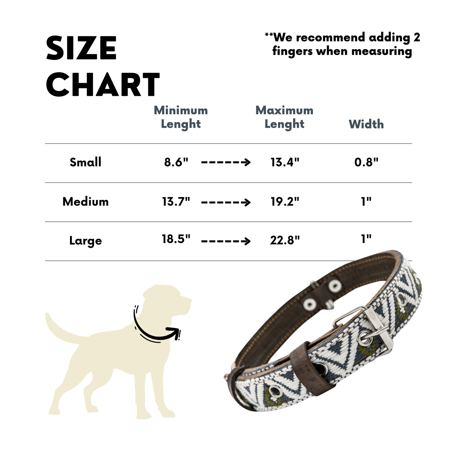 Size chart for a Ceramic Cello dog collar, providing detailed measurements to help choose the right fit.