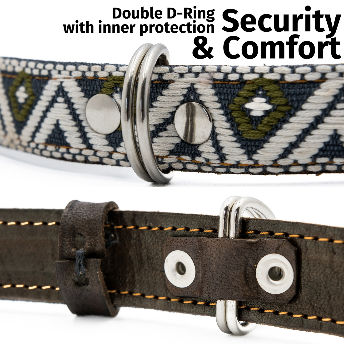 Detailed view of D-rings on a Ceramic Cello dog collar, showing the protective backing for durability.
