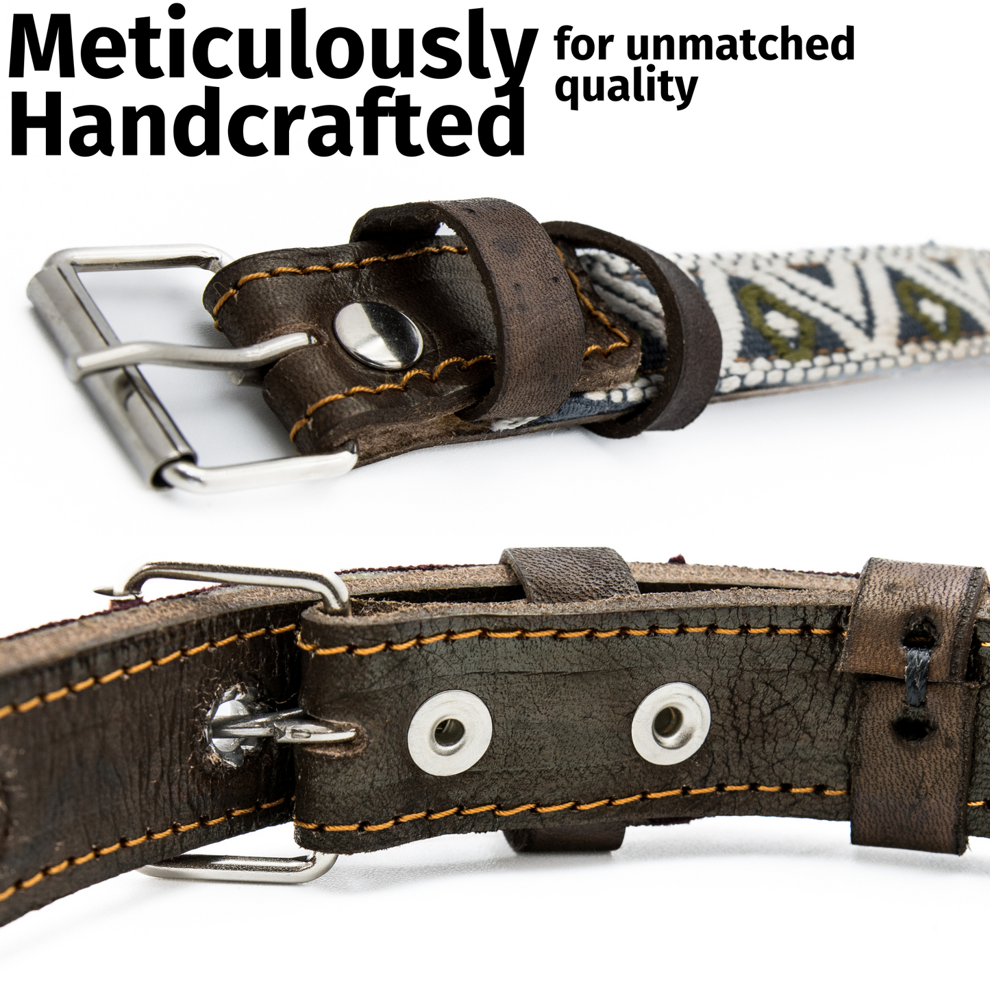 Close-up of the buckle and hole adjustments on the back of a Ceramic Cello leather dog collar.