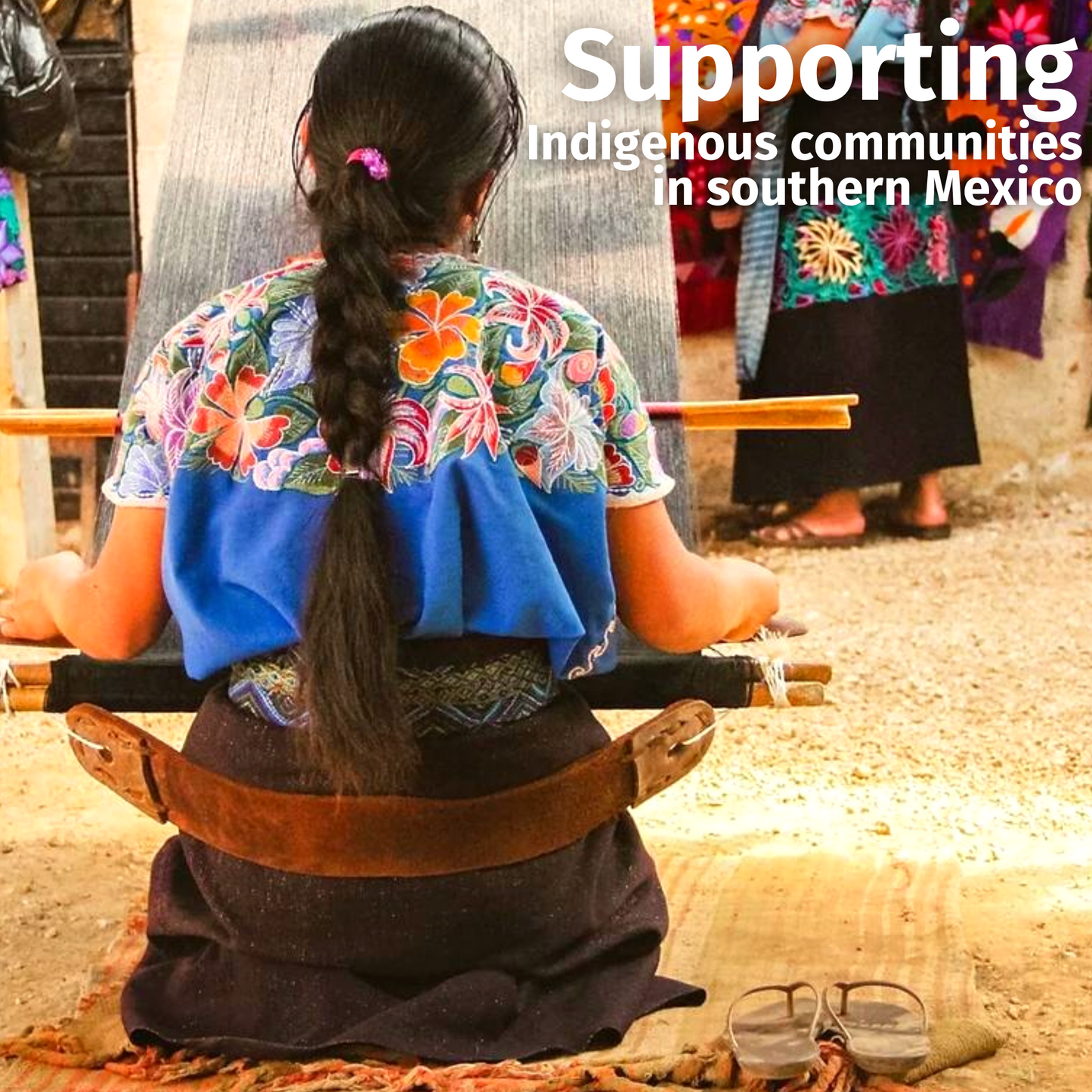 Indigenous woman seen from behind, weaving embroidery on a Ceramic Cello dog collar, depicting craftsmanship.