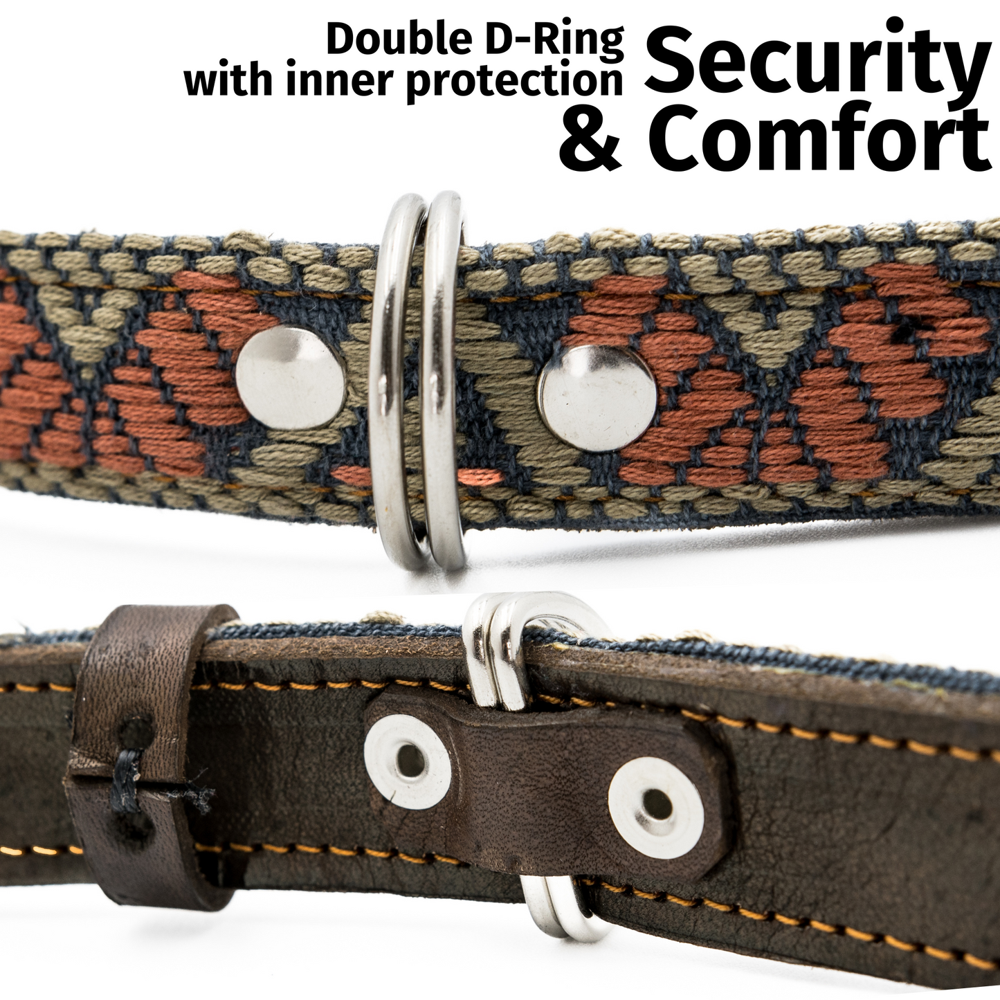 Detailed view of D-rings on a Bronze Olive dog collar, showing the protective backing for durability.