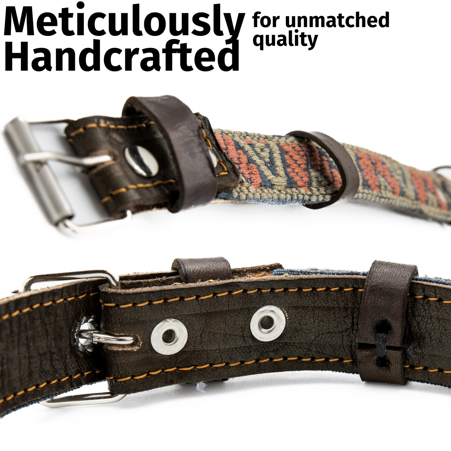 Close-up of the buckle and hole adjustments on the back of a Bronze Olive leather dog collar.