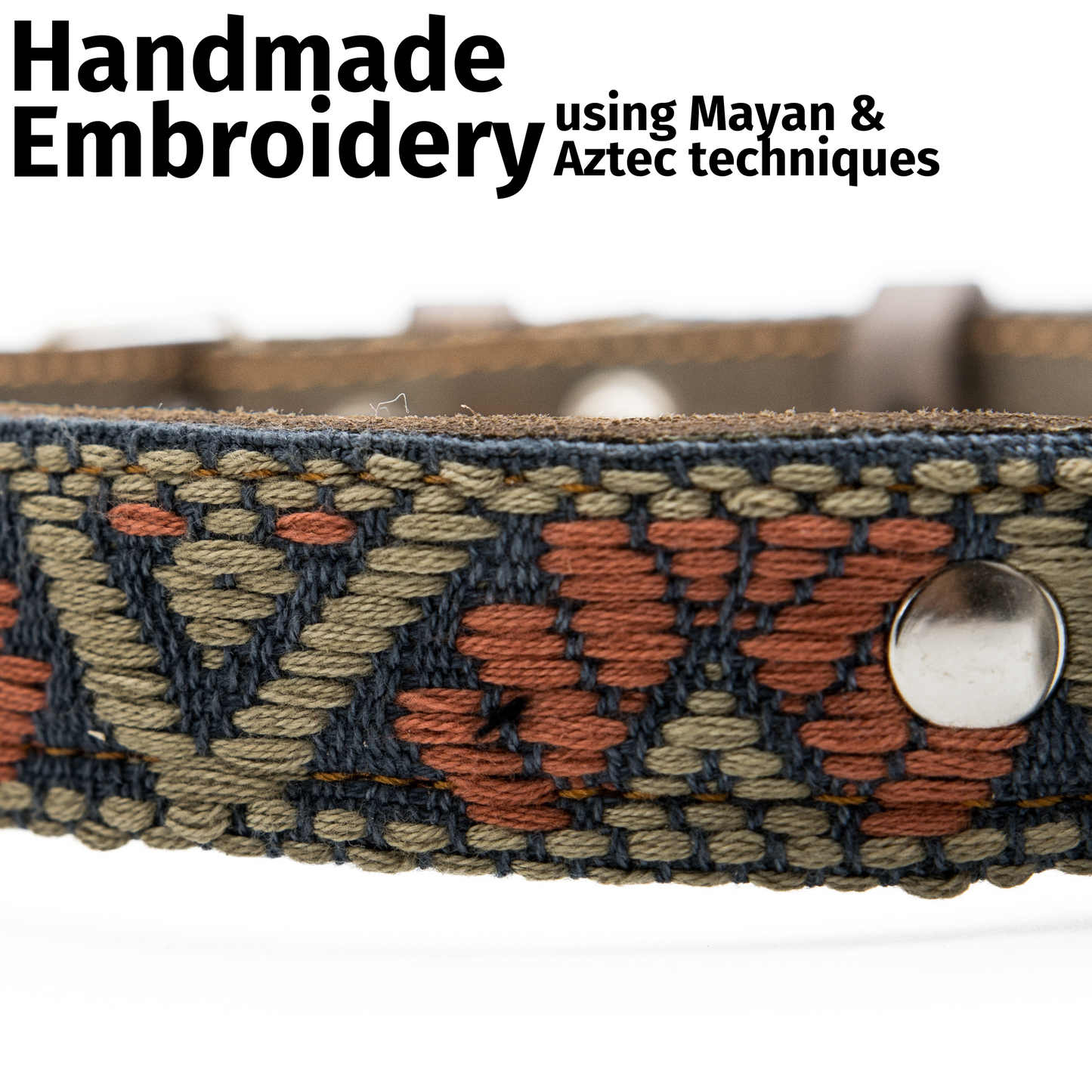 Close-up of the handmade embroidery on a Bronze Olive leather dog collar, showcasing intricate patterns.