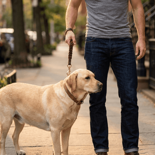 Braided Leather Short Leash — Full Grain Traffic Lead with Brass Clip - Leather Dog Leash - Paw Tribe