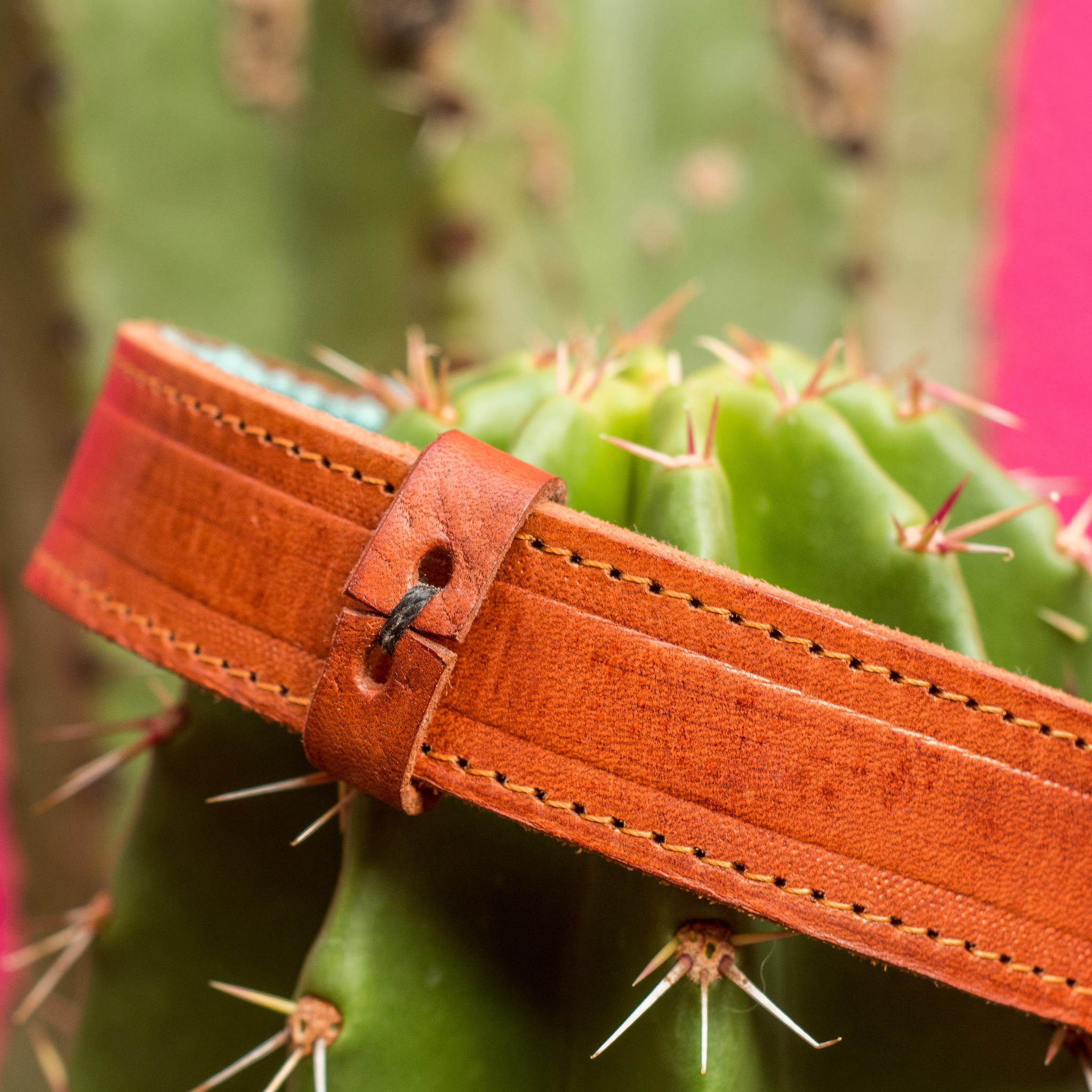 Interior view of a leather loop on a teal dog collar, showcasing fine craftsmanship.