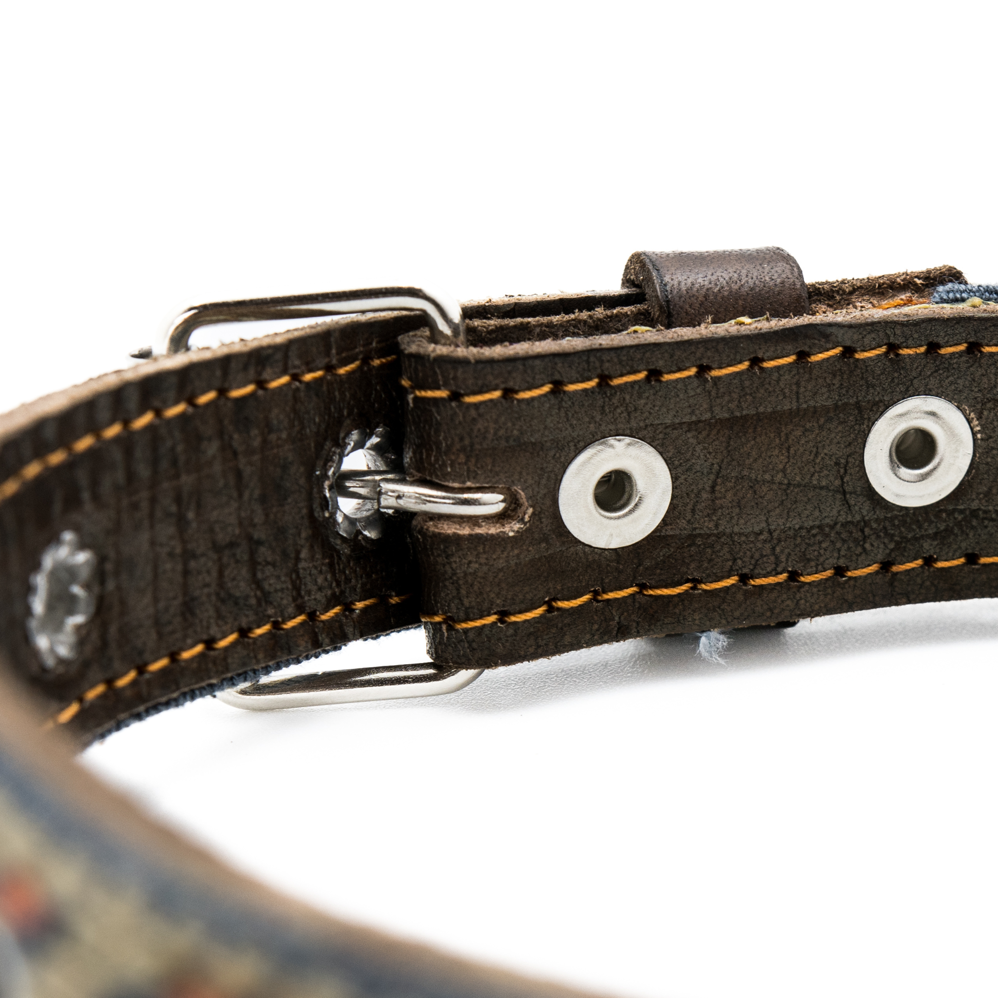 Backside of a leather buckle on a Bronze Olive dog collar, showcasing the quality leather craftsmanship.