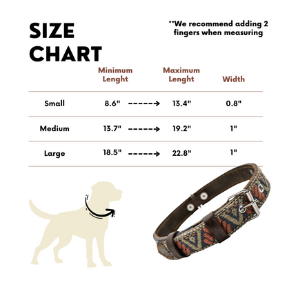 Size chart for a Bronze Olive dog collar, providing detailed measurements to help choose the right fit.