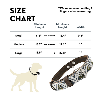 Size chart for a Ceramic Cello dog collar, providing detailed measurements to help choose the right fit.