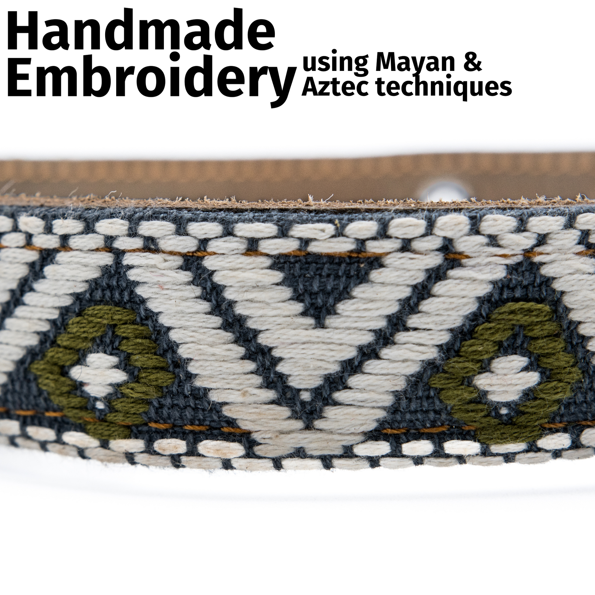 Close-up of the handmade embroidery on a Ceramic Cello leather dog collar, showcasing intricate patterns.