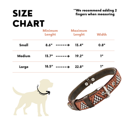 Size chart for a Brown Rust dog collar, providing detailed measurements to help choose the right fit.