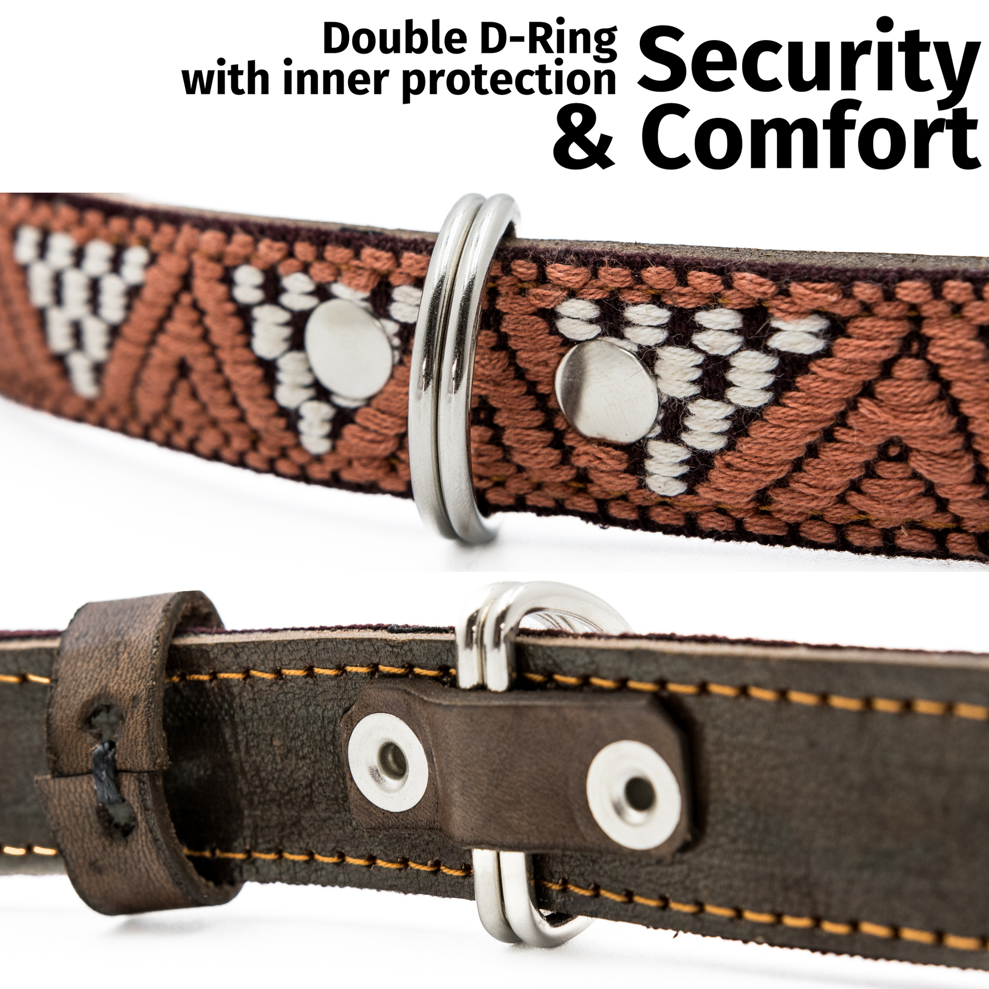 Detailed view of D-rings on a Brown Rust dog collar, showing the protective backing for durability.