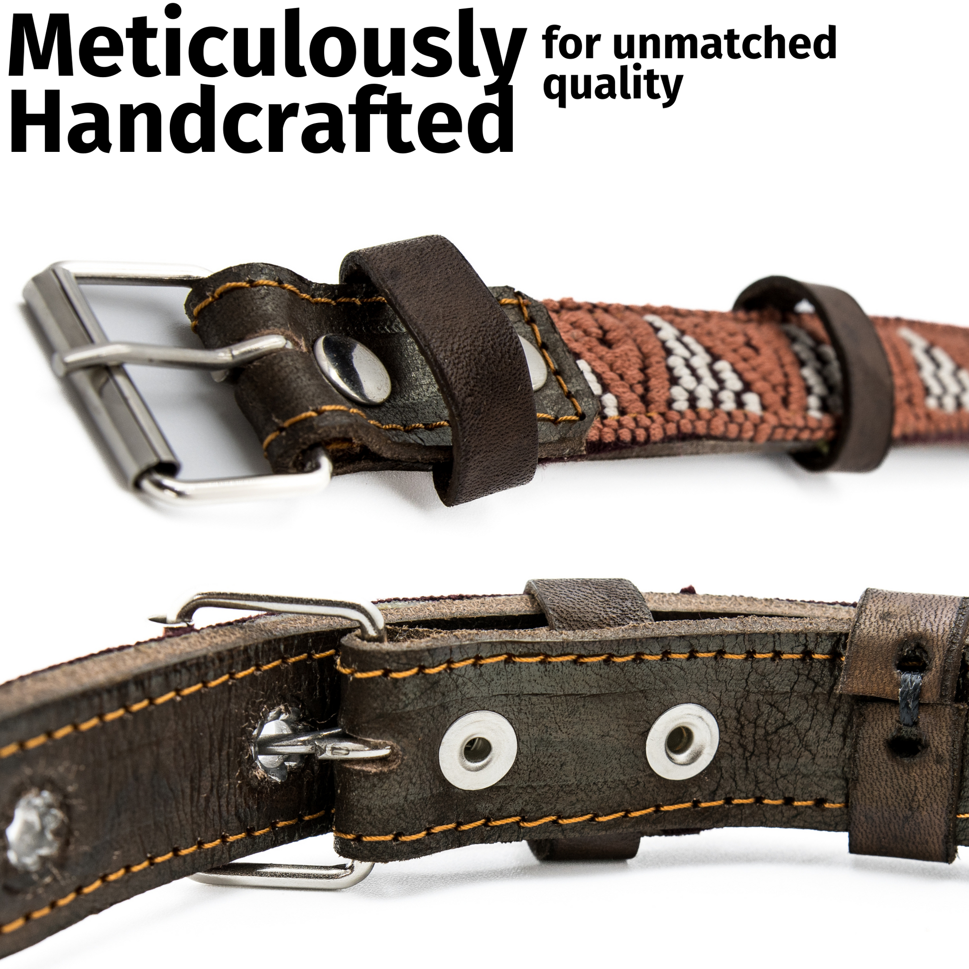 Close-up of the buckle and hole adjustments on the back of a Brown Rust leather dog collar.