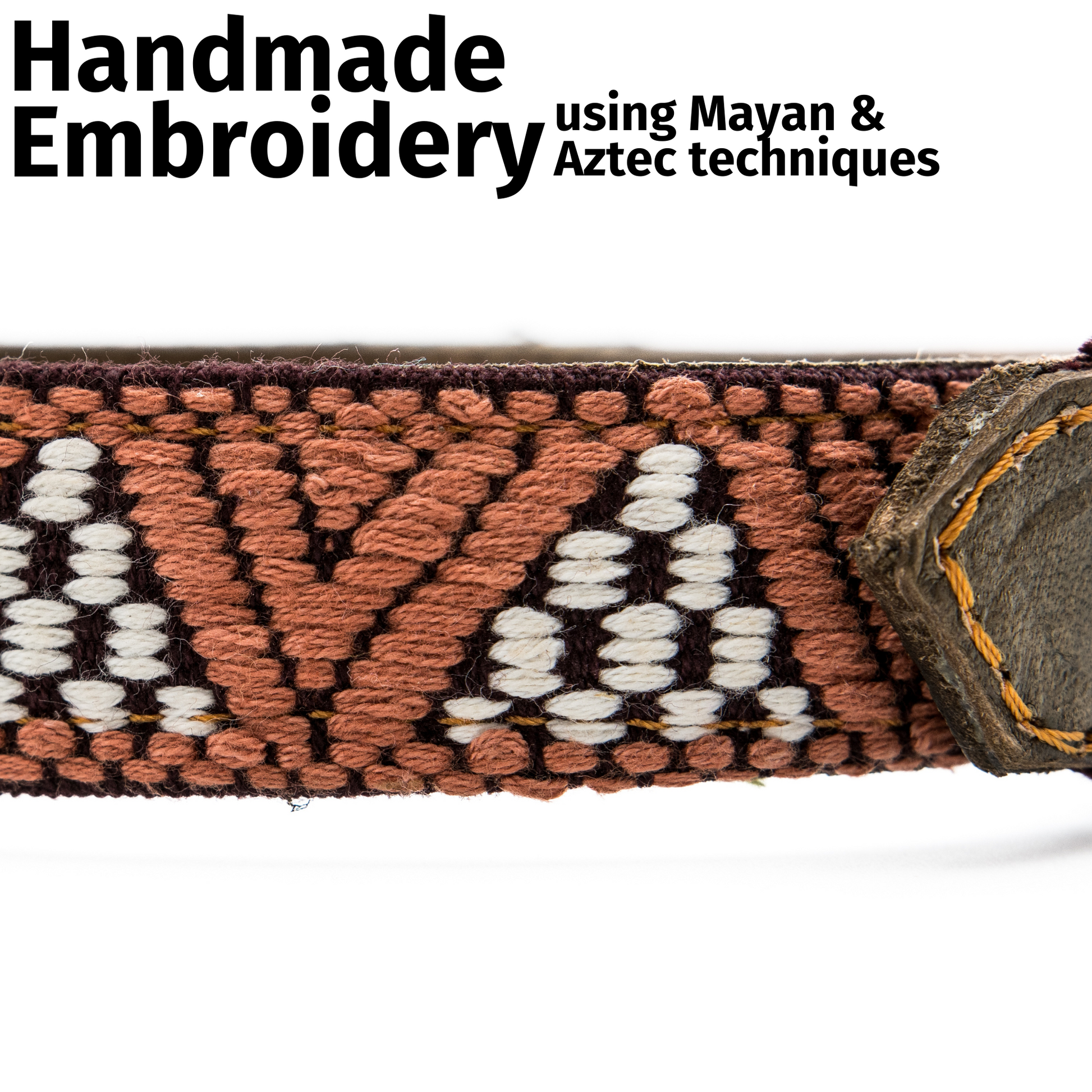 Close-up of the handmade embroidery on a Brown Rust leather dog collar, showcasing intricate patterns.