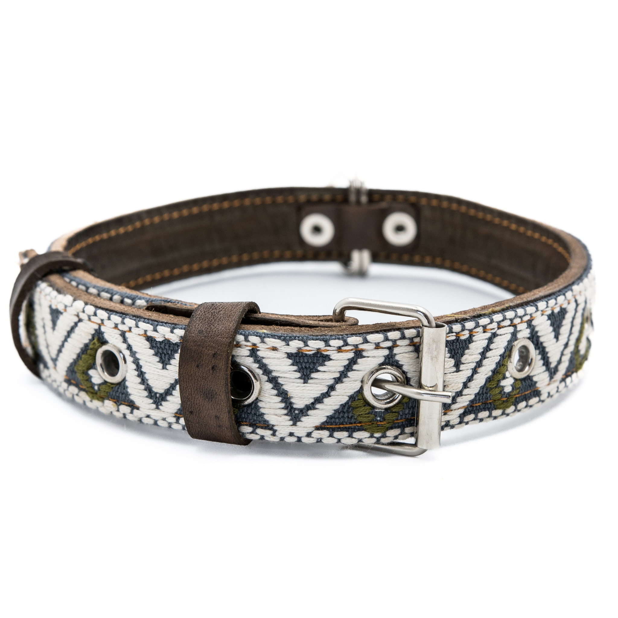 Full view of a Ceramic Cello leather dog collar displaying detailed artisan design and vibrant color.