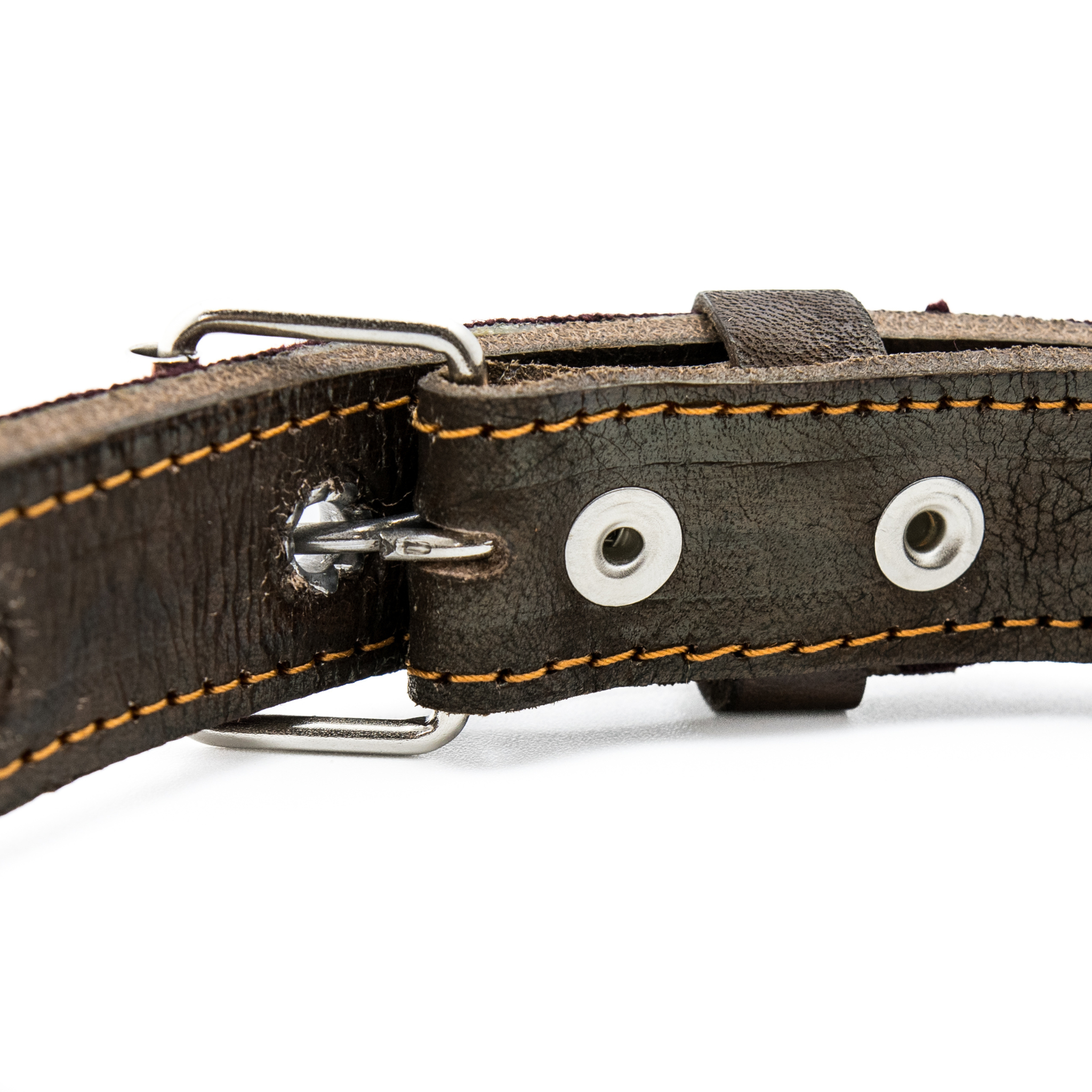 Backside of a leather buckle on a Ceramic Cello dog collar, showcasing the quality leather craftsmanship.