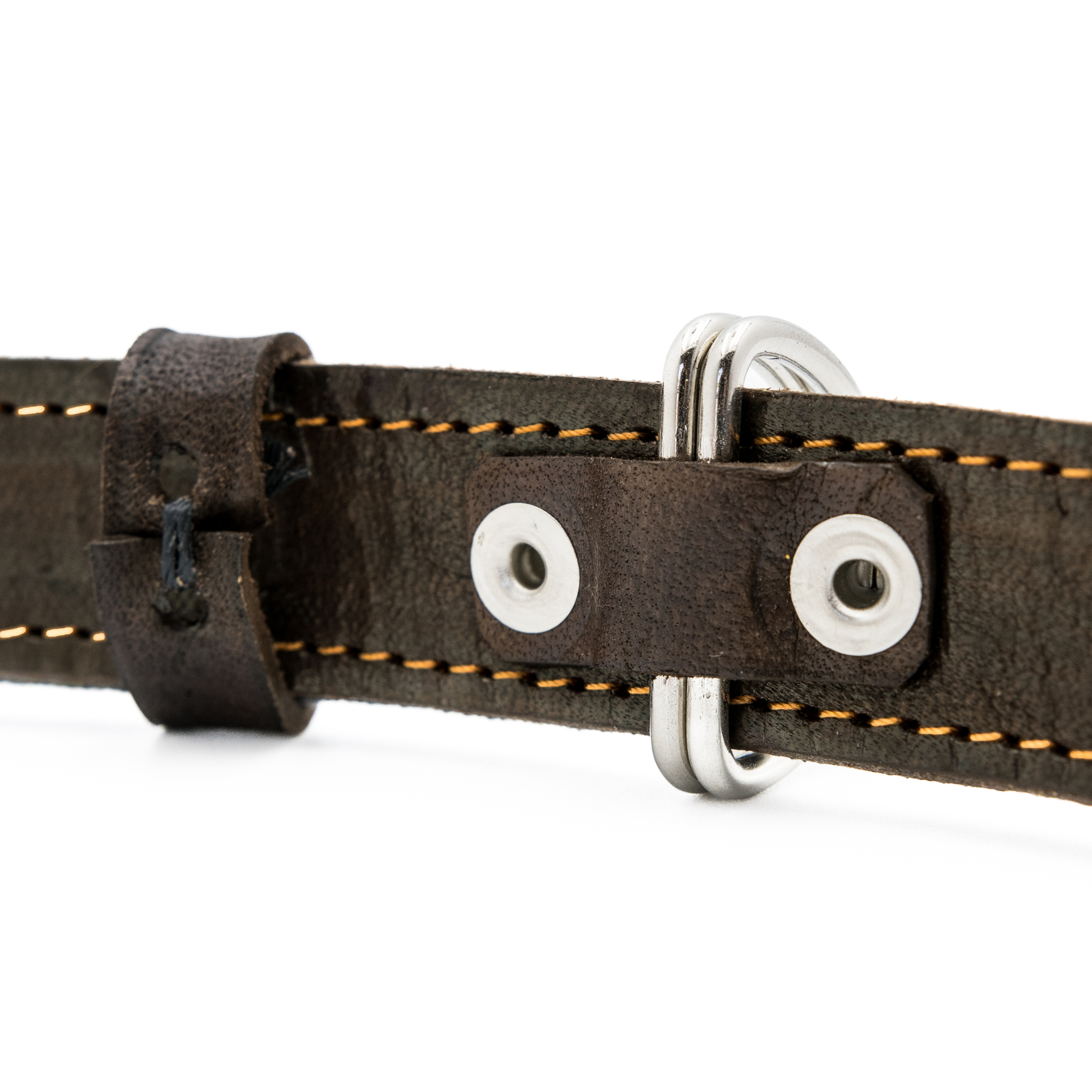 Close-up of the inner D-ring protection on a Ceramic Cello leather dog collar, enhancing durability.