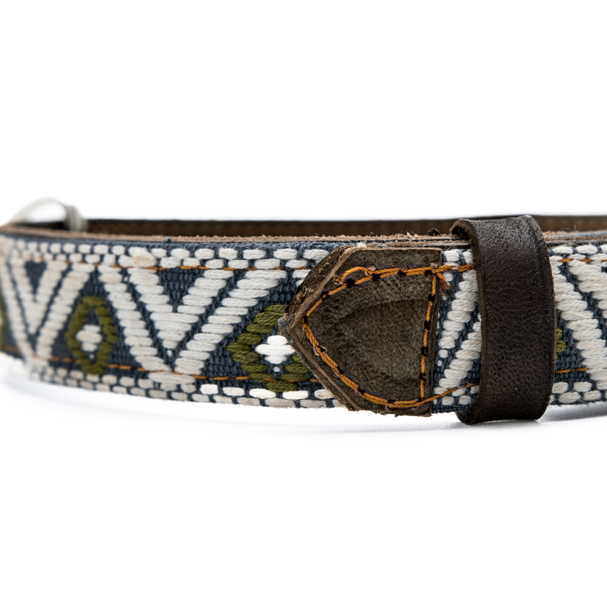 Close-up of a leather loop on a Ceramic Cello dog collar, highlighting the meticulous workmanship.