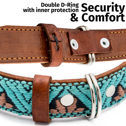 Detailed view of D-rings on a teal dog collar, showing the protective backing for durability.