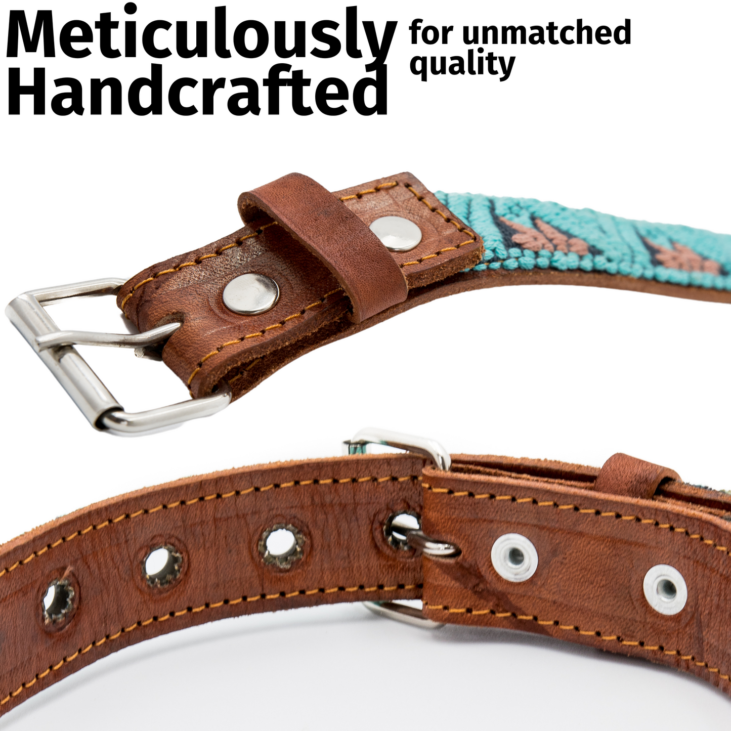 Close-up of the buckle and hole adjustments on the back of a teal leather dog collar.