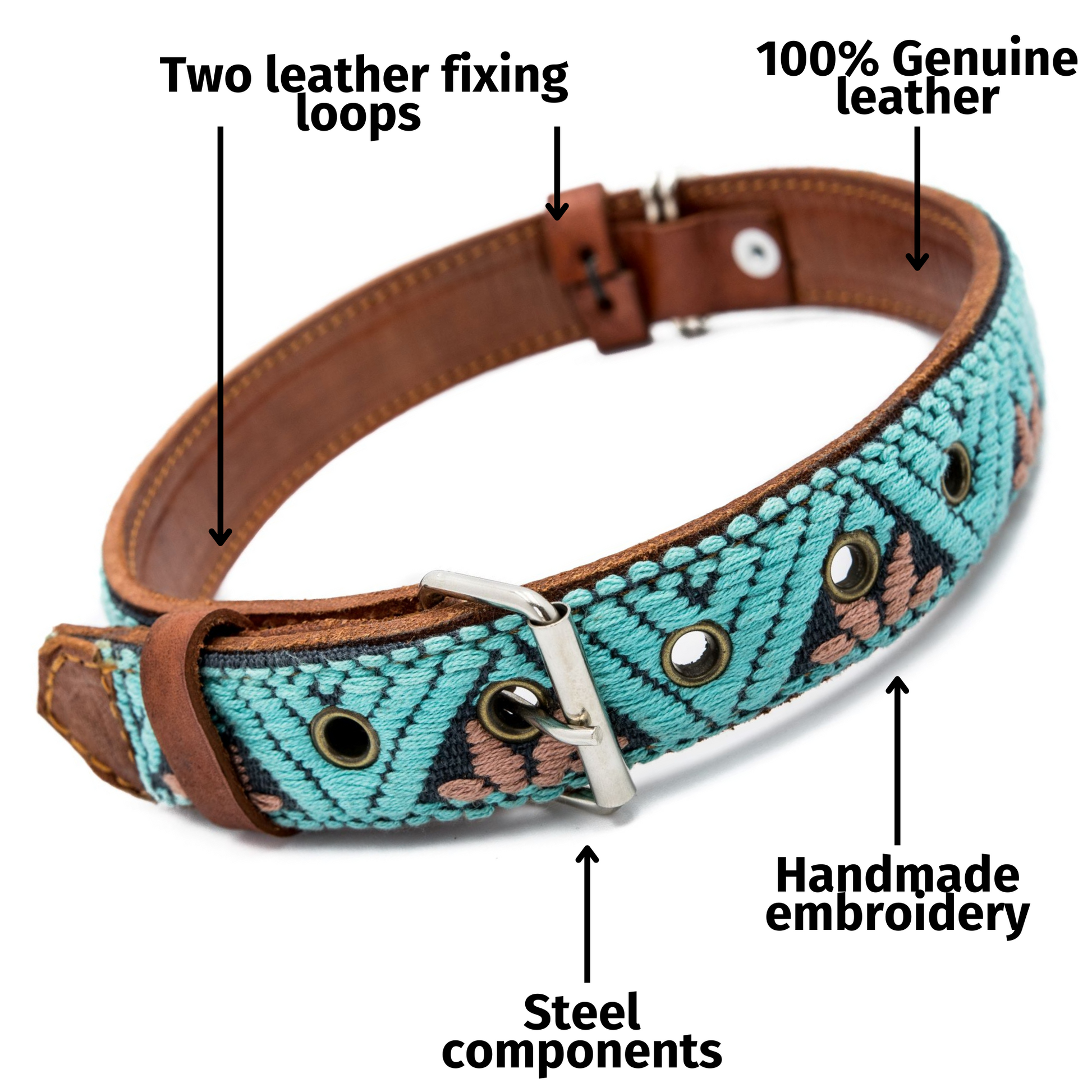  Image of a teal dog collar with text overlay detailing its specifications, focusing on features.