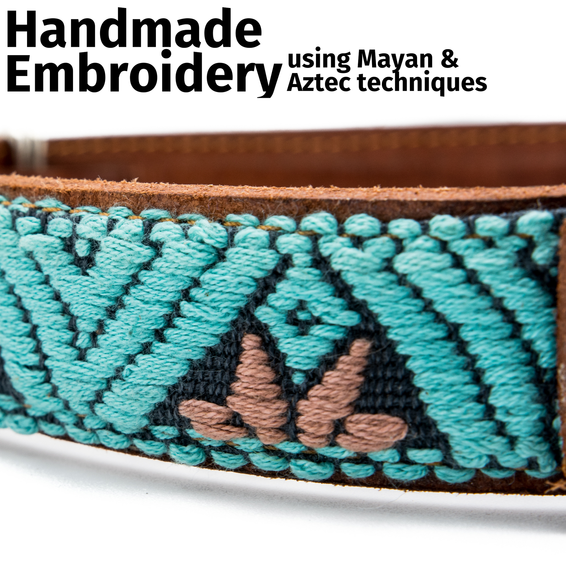 Close-up of the handmade embroidery on a teal leather dog collar, showcasing intricate patterns.