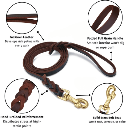 Braided Leather Dog Leash — Full Grain with Solid Brass Clip - Leather Dog Leashes - Paw Tribe
