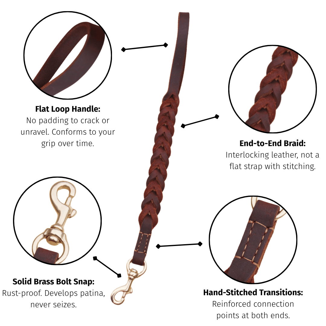 Braided Leather Short Leash — Full Grain Traffic Lead with Brass Clip - Leather Dog Leash - Paw Tribe