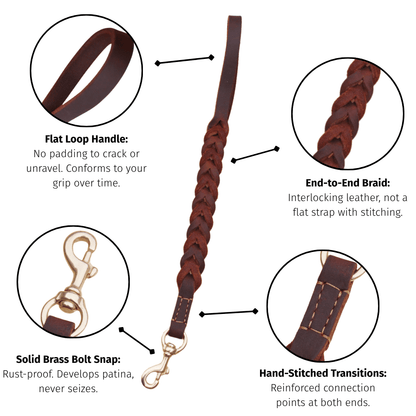 Braided Leather Short Leash — Full Grain Traffic Lead with Brass Clip - Leather Dog Leash - Paw Tribe