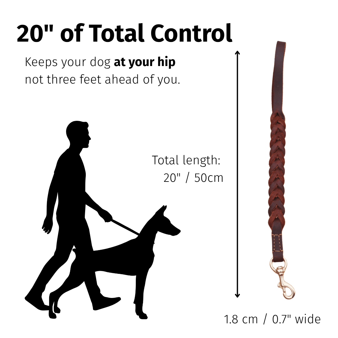 Braided Leather Short Leash — Full Grain Traffic Lead with Brass Clip - Leather Dog Leash - Paw Tribe