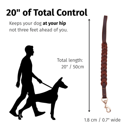 Braided Leather Short Leash — Full Grain Traffic Lead with Brass Clip - Leather Dog Leash - Paw Tribe