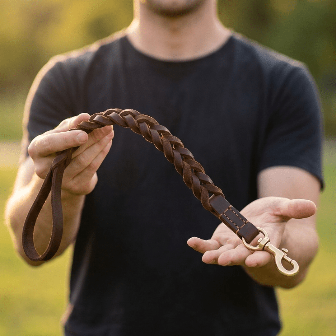 Braided Leather Short Leash — Full Grain Traffic Lead with Brass Clip - Leather Dog Leash - Paw Tribe