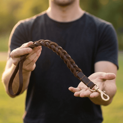 Braided Leather Short Leash — Full Grain Traffic Lead with Brass Clip - Leather Dog Leash - Paw Tribe