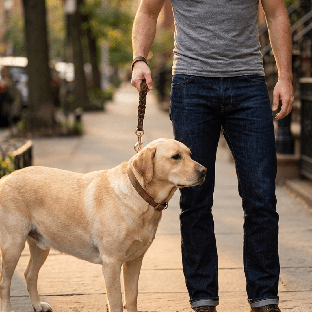 Braided Leather Short Leash — Full Grain Traffic Lead with Brass Clip - Leather Dog Leash - Paw Tribe