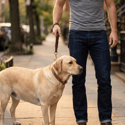 Braided Leather Short Leash — Full Grain Traffic Lead with Brass Clip - Leather Dog Leash - Paw Tribe