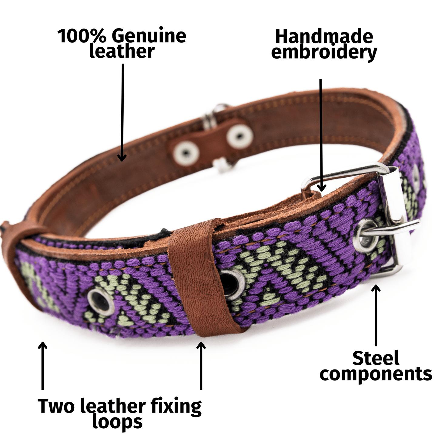 Handmade Leather Dog Collar — Aztec Embroidered | Amethyst - Leather Dog Collar - Paw Tribe