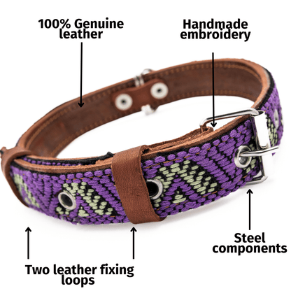 Handmade Leather Dog Collar — Aztec Embroidered | Amethyst - Leather Dog Collar - Paw Tribe