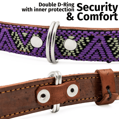 Handmade Leather Dog Collar — Aztec Embroidered | Amethyst - Leather Dog Collar - Paw Tribe