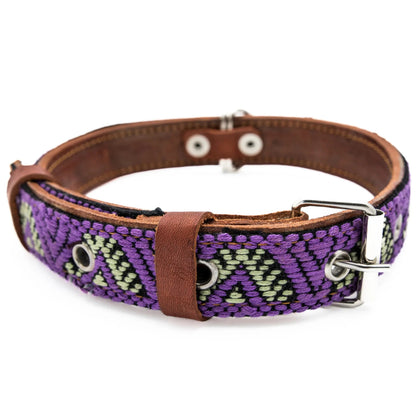 Handmade Leather Dog Collar — Aztec Embroidered | Amethyst - Leather Dog Collar - Paw Tribe