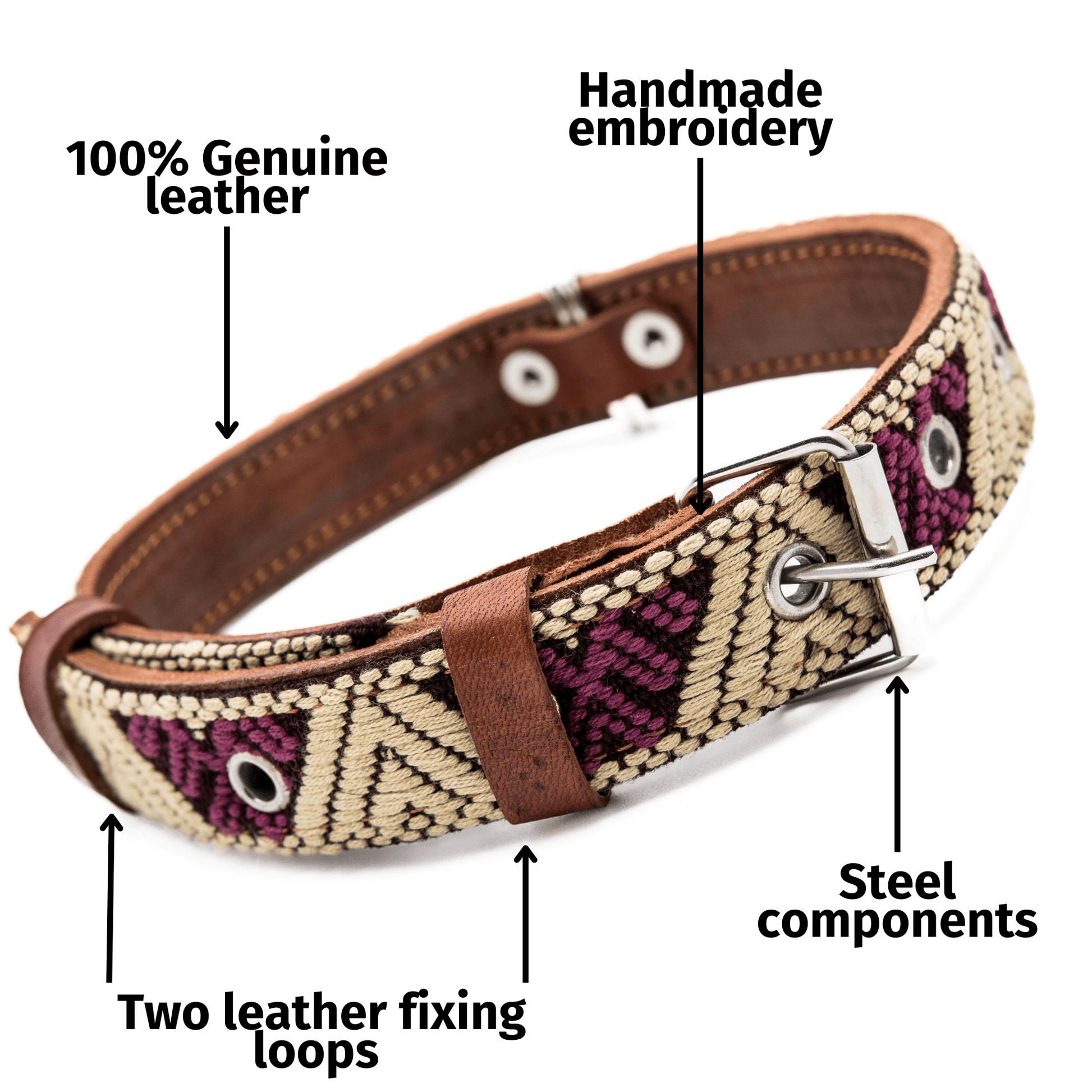 Handmade Leather Dog Collar — Aztec Embroidered | Baja White - Leather Dog Collar - Paw Tribe