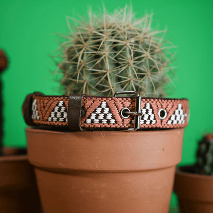Handmade Leather Dog Collar — Aztec Embroidered | Brown Rust - Leather Dog Collar - Paw Tribe