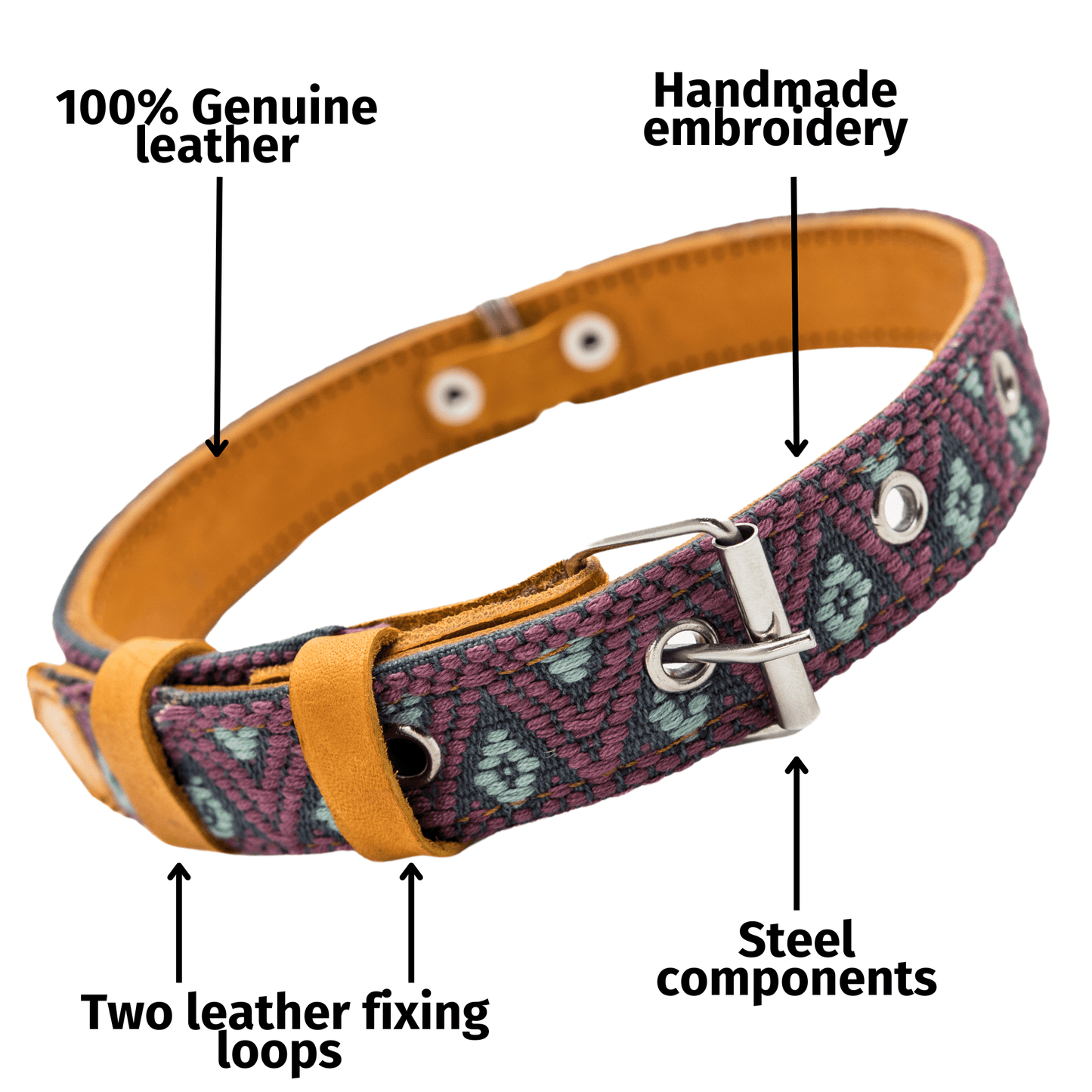Handmade Leather Dog Collar — Aztec Embroidered | Camelot - Leather Dog Collar - Paw Tribe
