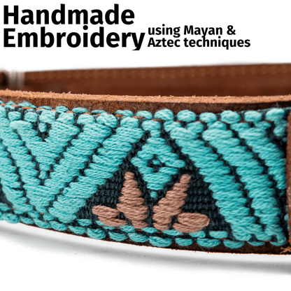 Handmade Leather Dog Collar — Aztec Embroidered | Teal - Leather Dog Collar - Paw Tribe