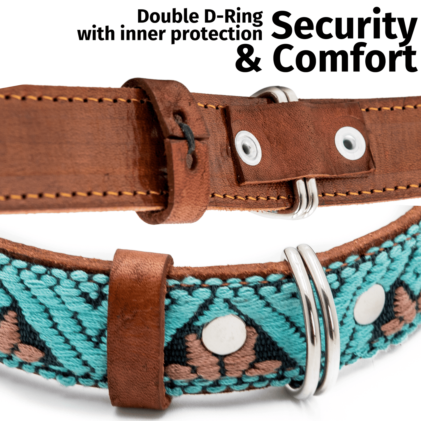 Handmade Leather Dog Collar — Aztec Embroidered | Teal - Leather Dog Collar - Paw Tribe
