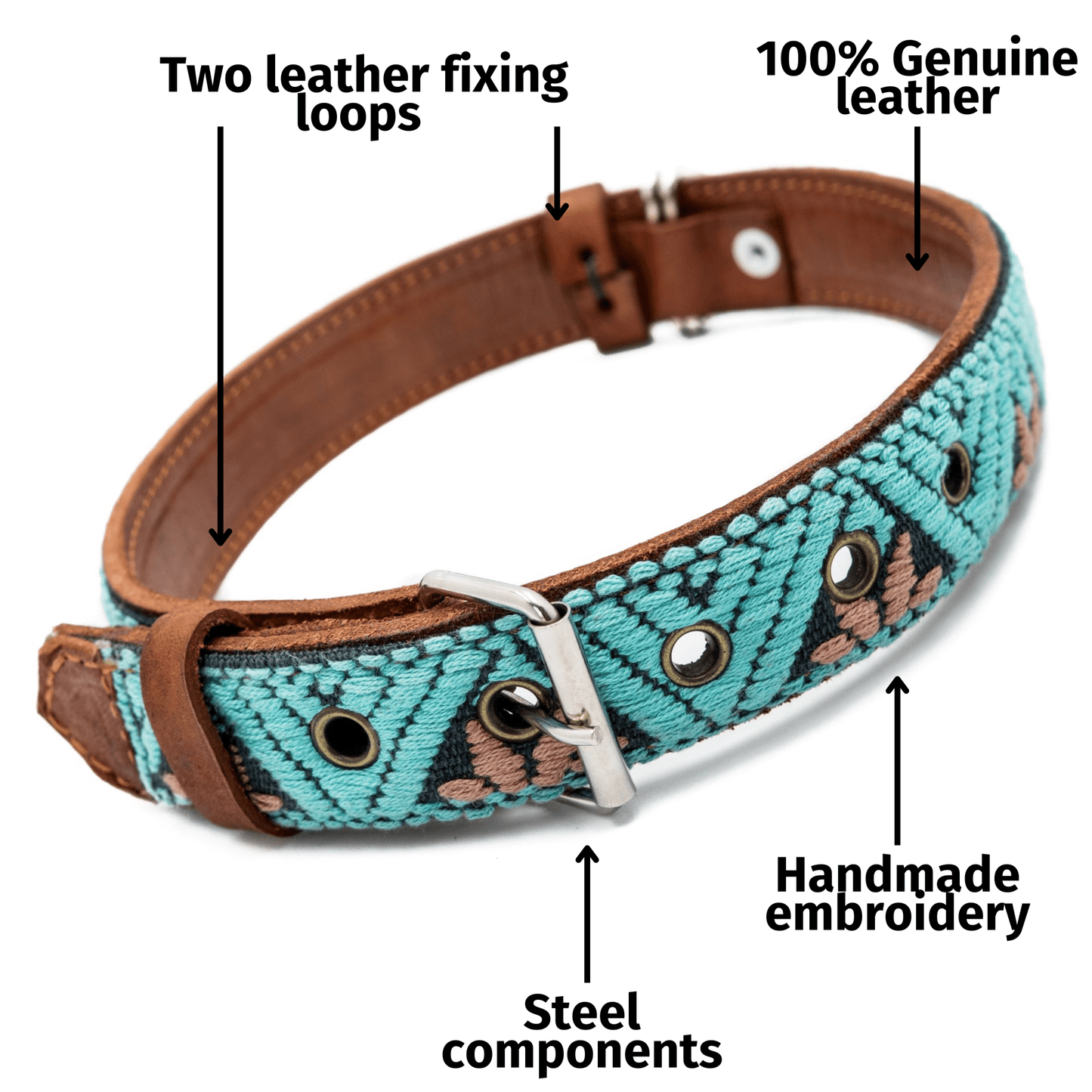 Handmade Leather Dog Collar — Aztec Embroidered | Teal - Leather Dog Collar - Paw Tribe