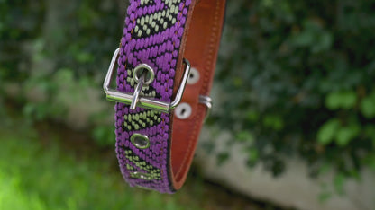 Handmade Leather Dog Collar — Aztec Embroidered | Amethyst